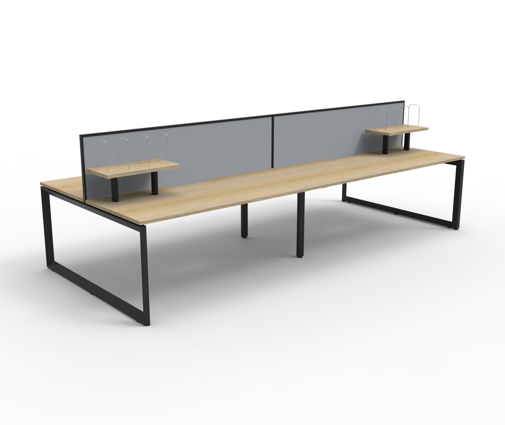 Rapidline Deluxe Infinity back to back bench workstation with screens for four people, shown in an office with desk mounted shelving. Rapidline range image supplied for model D-ILLDWS4P1275 NO/WS, shown in another finish. View 3.