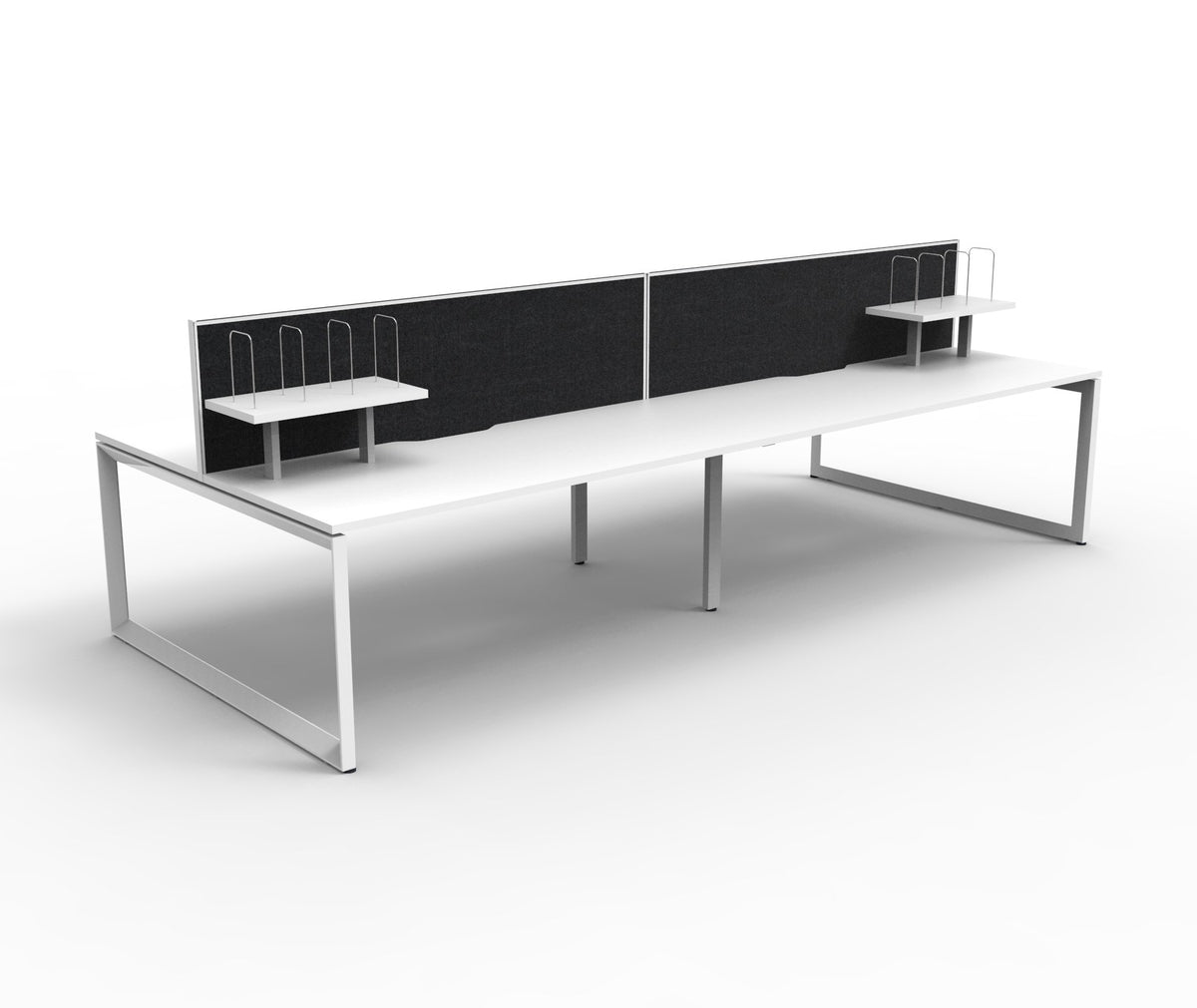 Rapidline Deluxe Infinity back to back bench workstation with screens for four people, shown in an office with desk mounted shelving. Rapidline range image supplied for model D-ILLDWS4P1275 NO/WS, shown in another finish. View 2.