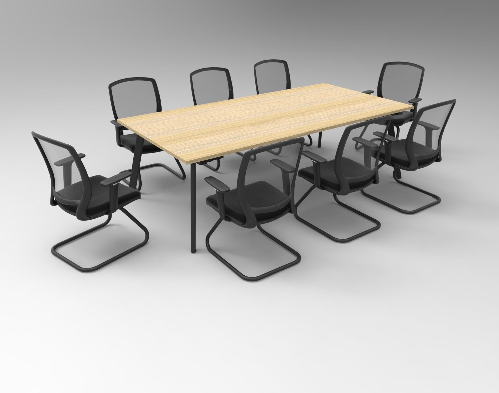 Rapidline Eternity rectangular boardroom table in a meeting room setting with visitor chairs in Natural Oak and Black Satin. Rapidline range image supplied for model EMT2175 NO/BL. View 2.