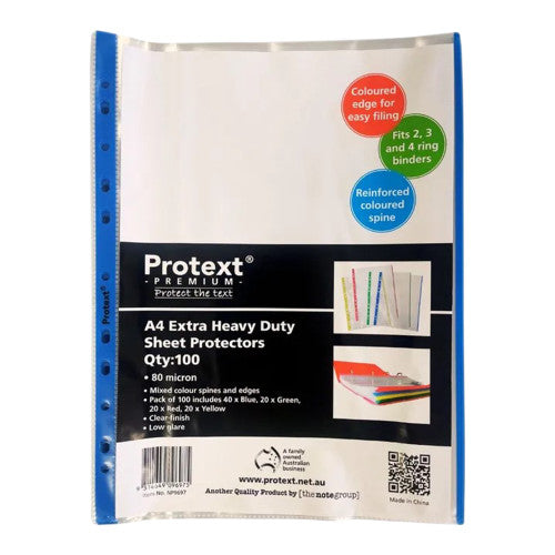 Protext Premium Extra Heavy Duty Sheet Protector A4 80 Micron Coloured Spine Pack 100 — front of pack