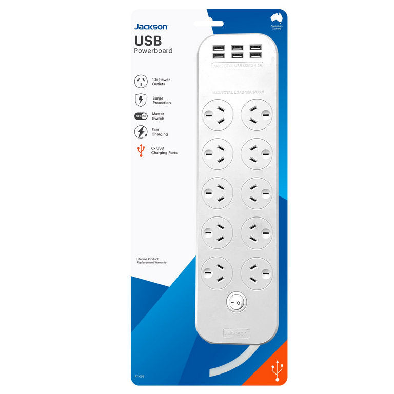Jackson PT1055 USB Powerboard in its current blue and white pack, listing 10 power outlets, surge protection, master switch, fast charging, 6 USB charging ports and a lifetime replacement warranty