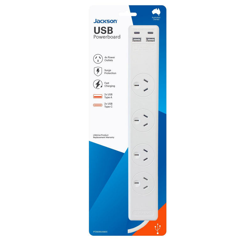 Jackson PT2929SUSB3C USB Powerboard in its current blue and white pack, listing 4 power outlets, surge protection, fast charging, 2 USB Type-A ports and 2 USB Type-C ports