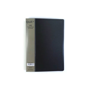 Quill A5 portrait fixed display book in black, front cover with a grey printed label insert down the spine side