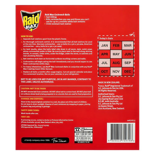 Raid Max Cockroach Baits 2.5g Pack of 12 x 6