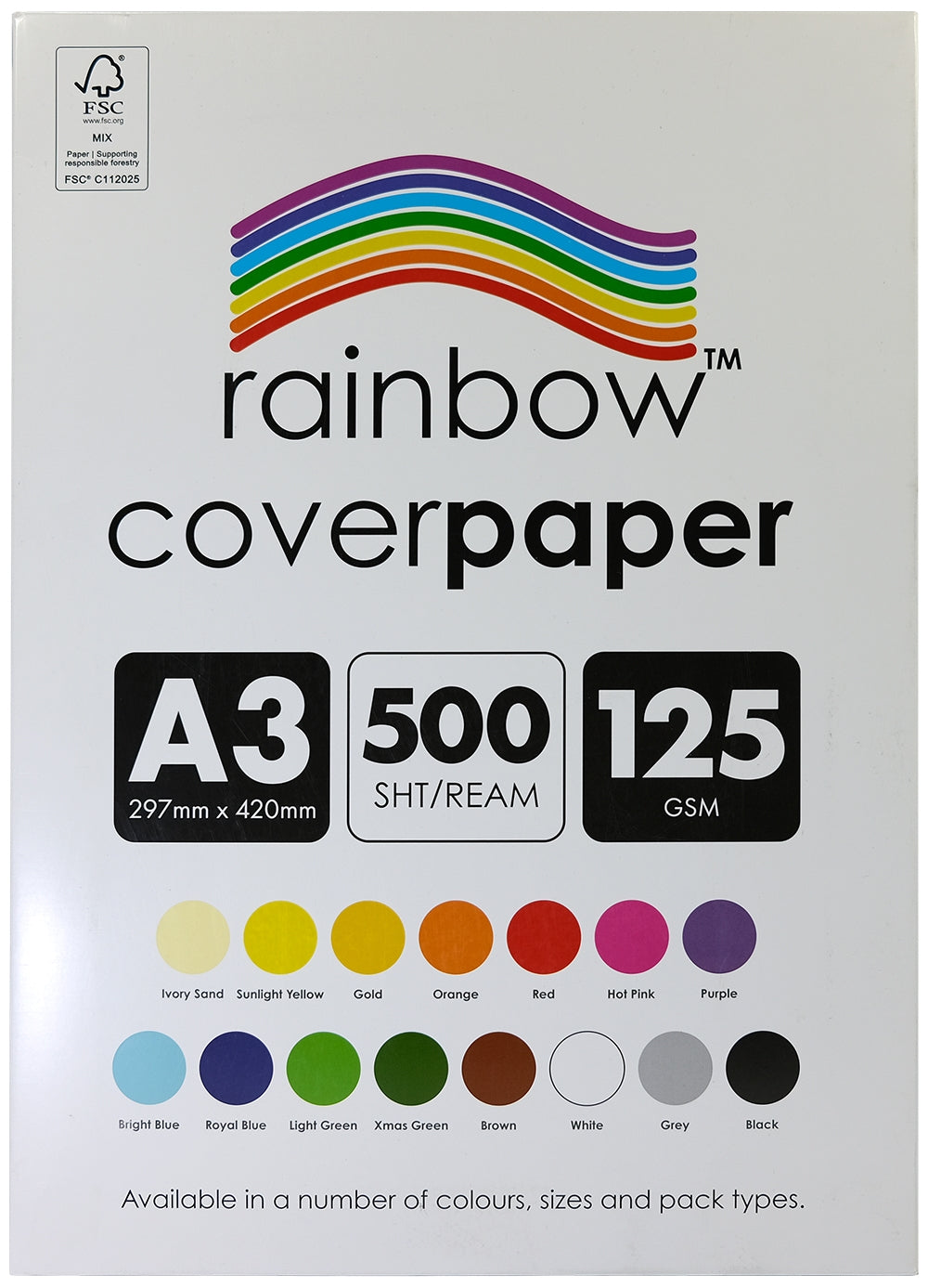 Rainbow Cover Paper A3 125gsm Assorted ream box front with FSC Mix label