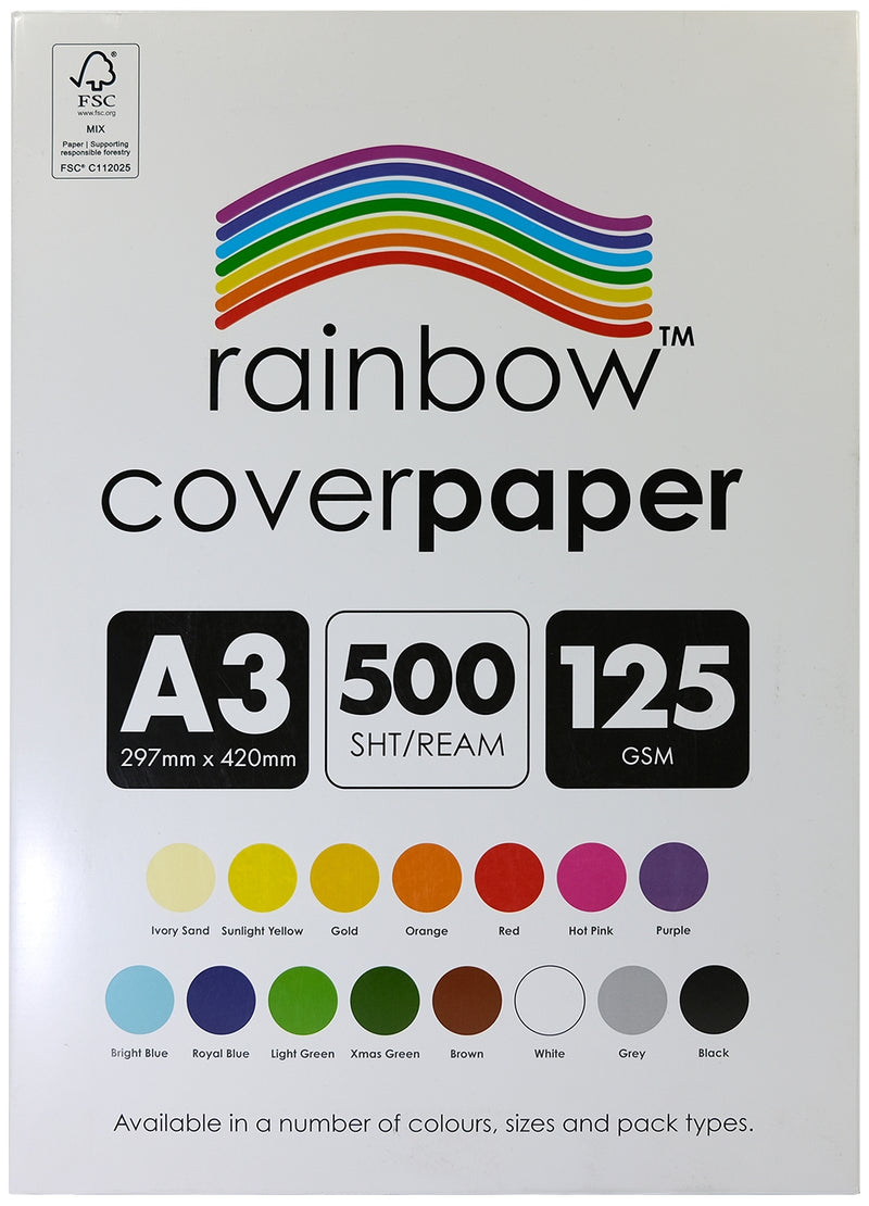 Rainbow Cover Paper A3 125gsm Assorted ream box front with FSC Mix label