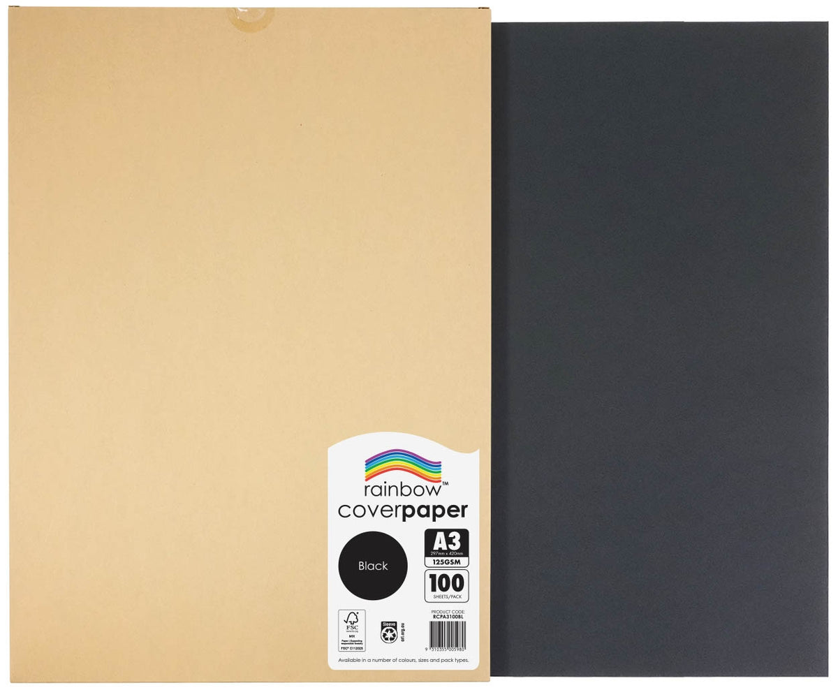 Rainbow Cover Paper A3 125gsm Black pack label with FSC Mix and product code