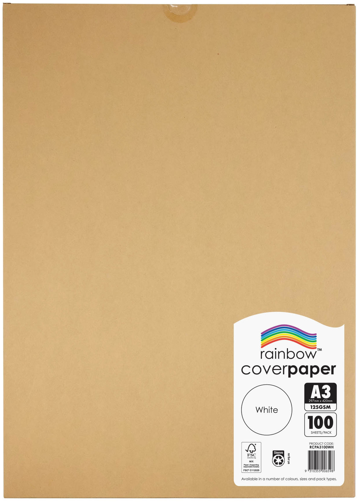 Rainbow Cover Paper A3 125gsm White Pack of 100 wrapped pack