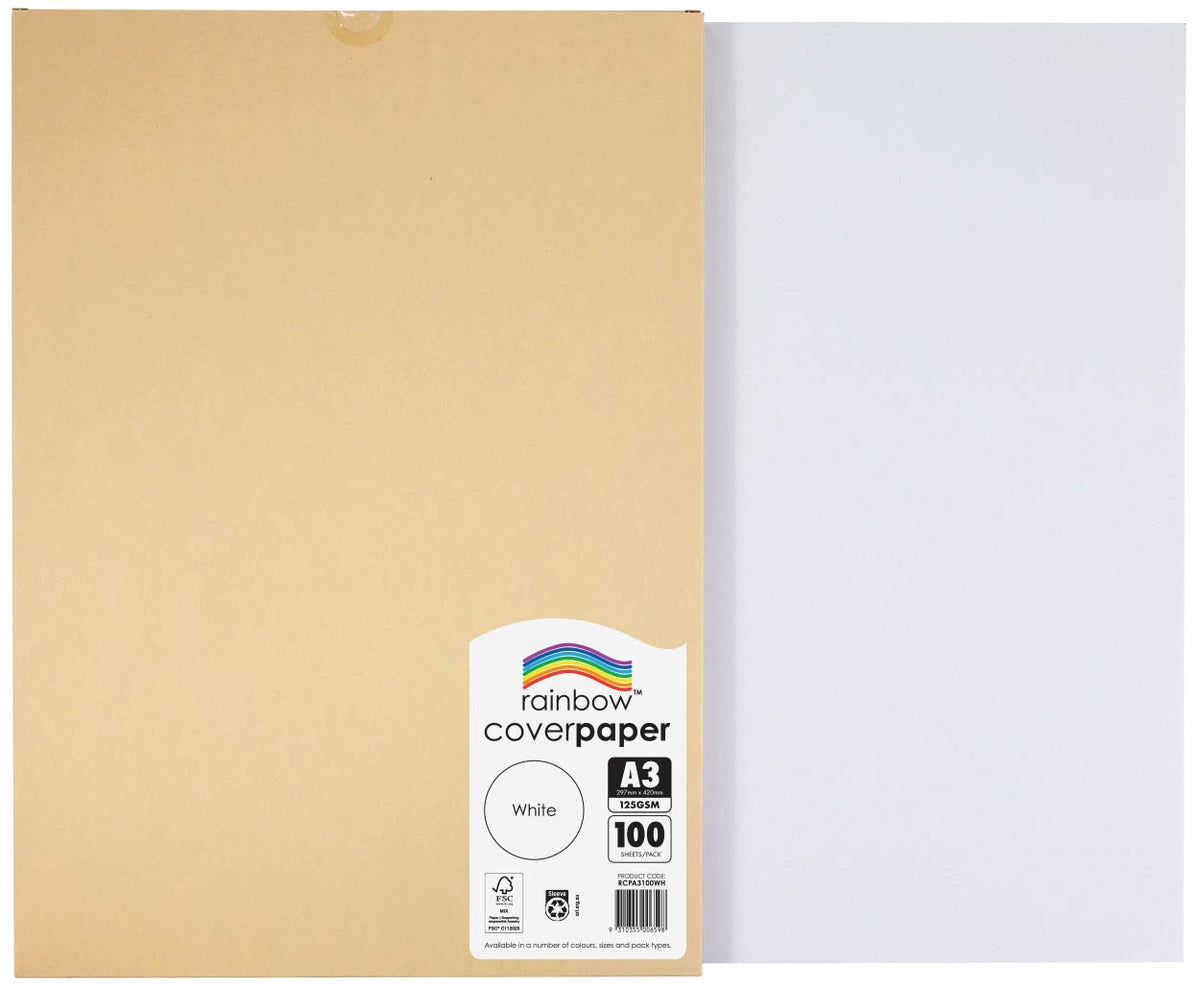 Rainbow Cover Paper A3 125gsm White pack label with FSC Mix and product code