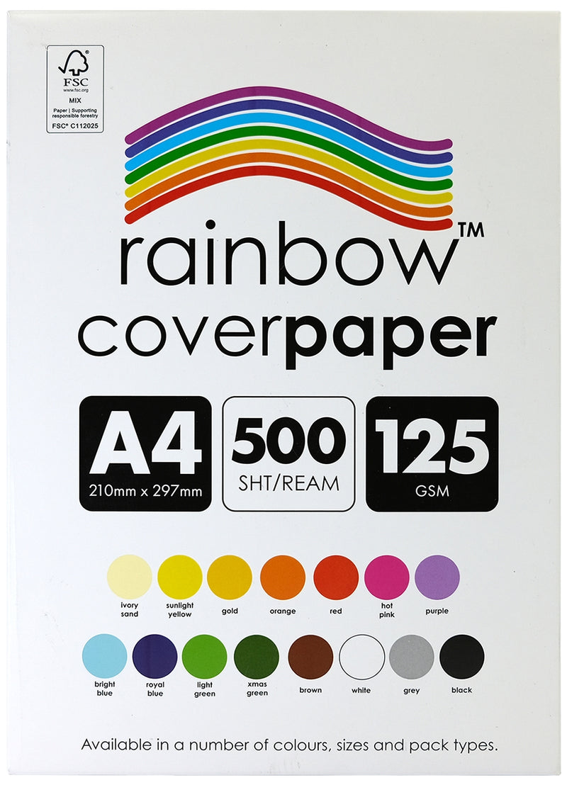 Rainbow Cover Paper A4 125gsm Assorted ream box front with FSC Mix label