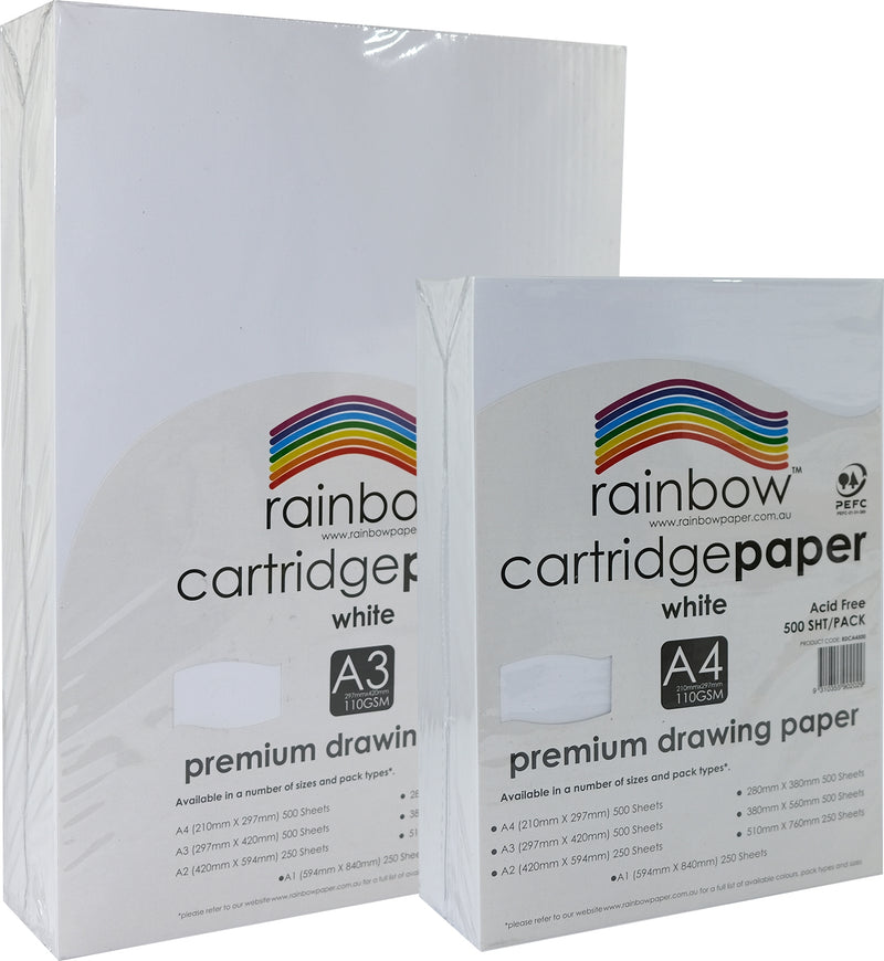 Rainbow Drawing Cartridge A3 and A4 110gsm packs side by side