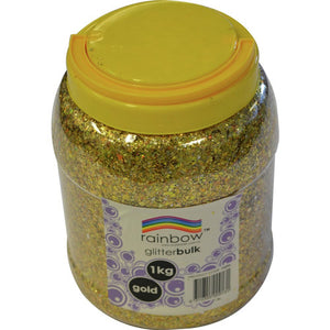 Rainbow Glitter Bulk 1kg jar filled with gold glitter, yellow flip top lid, purple bubble label reading rainbow glitterbulk with 1kg and gold roundels and a barcode on the side