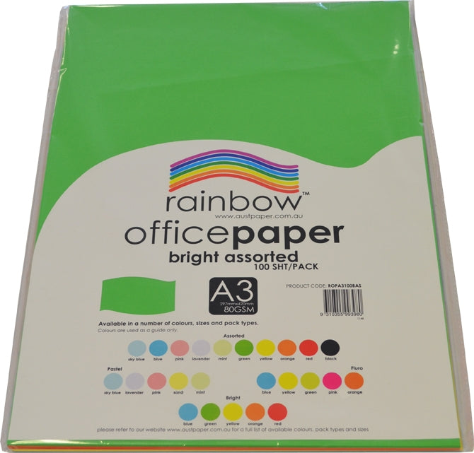 Rainbow Office Paper A3 80gsm Bright Assorted Pack of 100 pack label