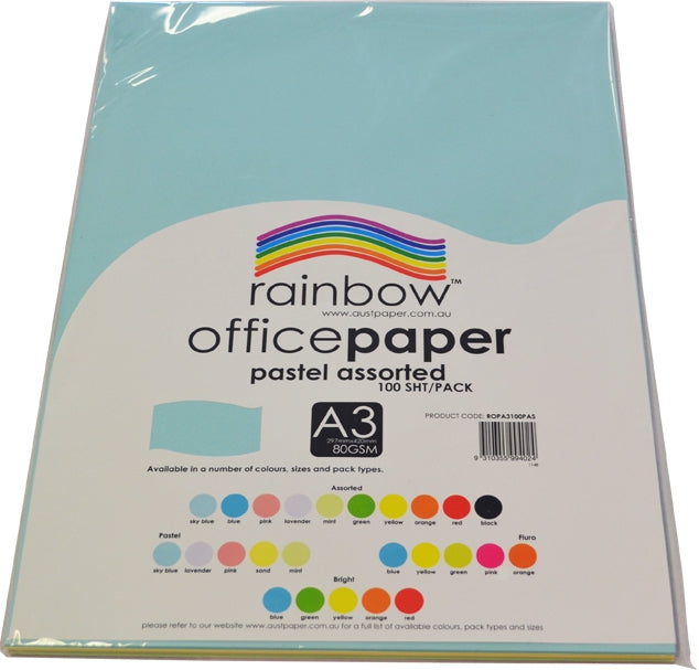 Rainbow Office Paper A3 80gsm Pastel Assorted Pack of 100 pack label