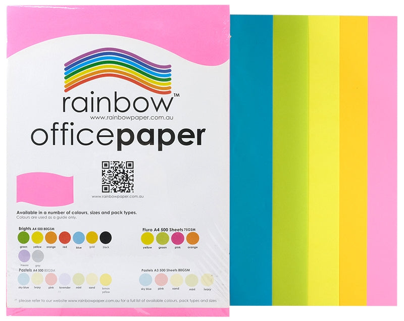 Rainbow Office Paper A4 75gsm Fluoro Assorted ream with loose sheets