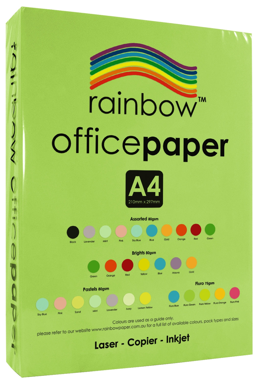Rainbow Office Paper A4 75gsm Fluoro Green Pack of 500