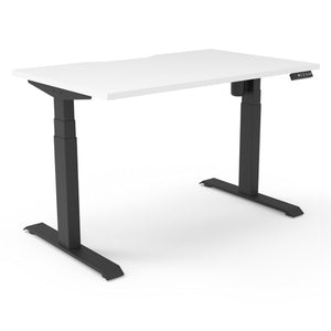 Rapidline Boost Light single sided electric sit-stand desk with a natural white top on a black frame, with the controller at the front right edge
