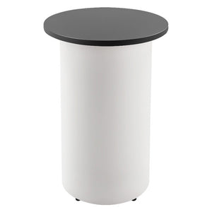 Rapidline drum base round high bar table with a Black round top on a white powdercoated drum base, front view on a white background