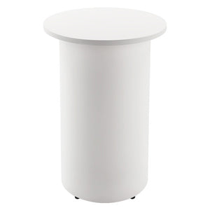 Rapidline drum base round high bar table with a Natural White round top on a white powdercoated drum base, front view on a white background