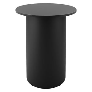 Rapidline drum base round high bar table with a Black round top on a black powdercoated drum base, front view on a white background