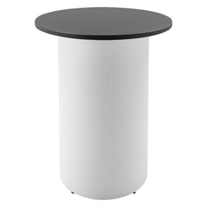 Rapidline drum base round high bar table with a Black round top on a white powdercoated drum base, front view on a white background