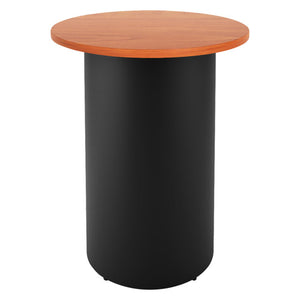 Rapidline drum base round high bar table with a Cherry round top on a black powdercoated drum base, front view on a white background