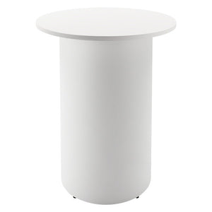 Rapidline drum base round high bar table with a Natural White round top on a white powdercoated drum base, front view on a white background