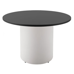 Rapidline drum base round table with a black top on a white powdercoated drum base, shown on a white background