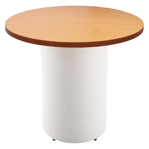 Rapidline drum base round table with a beech top on a white powdercoated drum base, shown on a white background