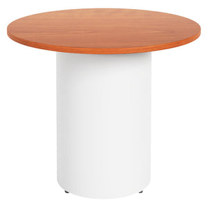 Rapidline drum base round table with a cherry top on a white powdercoated drum base, shown on a white background