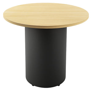 Rapidline drum base round table with a natural oak top on a black powdercoated drum base, shown on a white background