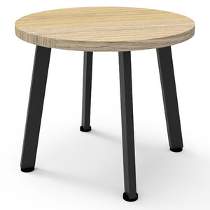 Rapidline Eternity round coffee table with Natural Oak top and black powder coated legs, angled view
