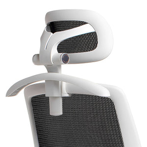 Close up of the Rapidline Luminous head rest with white frame and black mesh pad, mounted above the chair's mesh back.