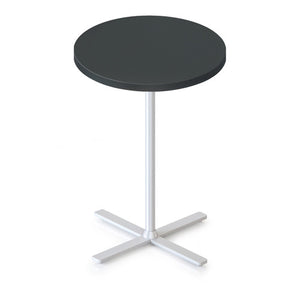 Rapidline Kolo side and coffee table with a round Black top on a white four leaf cross base, angled view