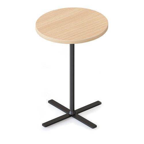 Rapidline Kolo side and coffee table with a round Natural Oak top on a black four leaf cross base, angled view