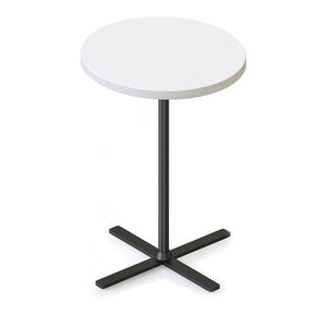 Rapidline Kolo side and coffee table with a round Natural White top on a black four leaf cross base, angled view