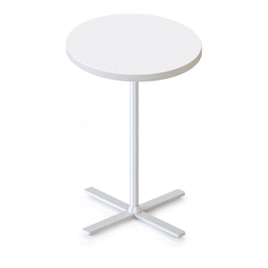 Rapidline Kolo side and coffee table with a round Natural White top on a white four leaf cross base, angled view