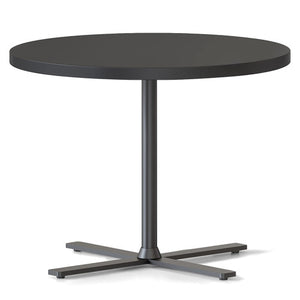 Rapidline Kolo side and coffee table with a round Black top on a black four leaf cross base, angled view
