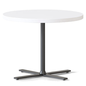 Rapidline Kolo side and coffee table with a round Natural White top on a black four leaf cross base, angled view