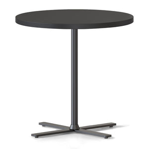 Rapidline Kolo side and coffee table with a round Black top on a black four leaf cross base, angled view
