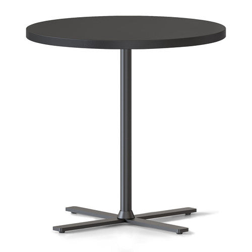 Rapidline Kolo side and coffee table with a round Black top on a black four leaf cross base, angled view