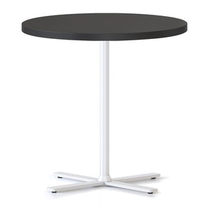Rapidline Kolo side and coffee table with a round Black top on a white four leaf cross base, angled view