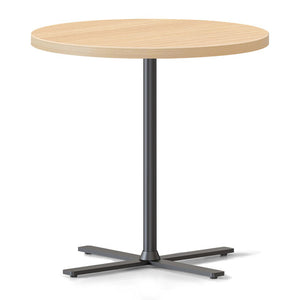 Rapidline Kolo side and coffee table with a round Natural Oak top on a black four leaf cross base, angled view