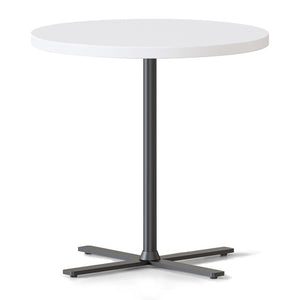 Rapidline Kolo side and coffee table with a round Natural White top on a black four leaf cross base, angled view