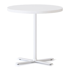 Rapidline Kolo side and coffee table with a round Natural White top on a white four leaf cross base, angled view