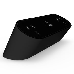 Rapidline Nova Trio power rail in black, angled moulded body with two power outlets and USB-A and USB-C ports on top