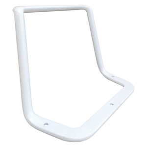 Rapidline Pixel arm frame in white powder coat, three quarter view showing the loop shape and fixing holes.