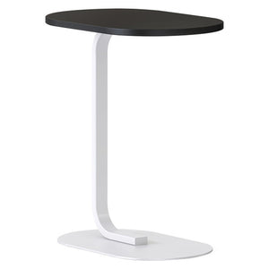 Rapidline Selene side table with oval Black top, curved white upright and oval base plate, angled view
