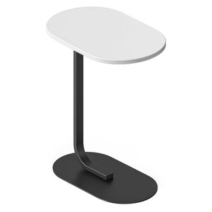 Rapidline Selene side table with oval Natural White top, curved black upright and oval base plate, angled view