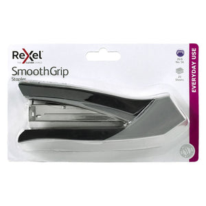 Rexel SmoothGrip Stapler retail card with a black and grey full strip stapler; icons read 26/6 No. 56 and 20 Sheets, with an Everyday Use band and a 1 year guarantee roundel